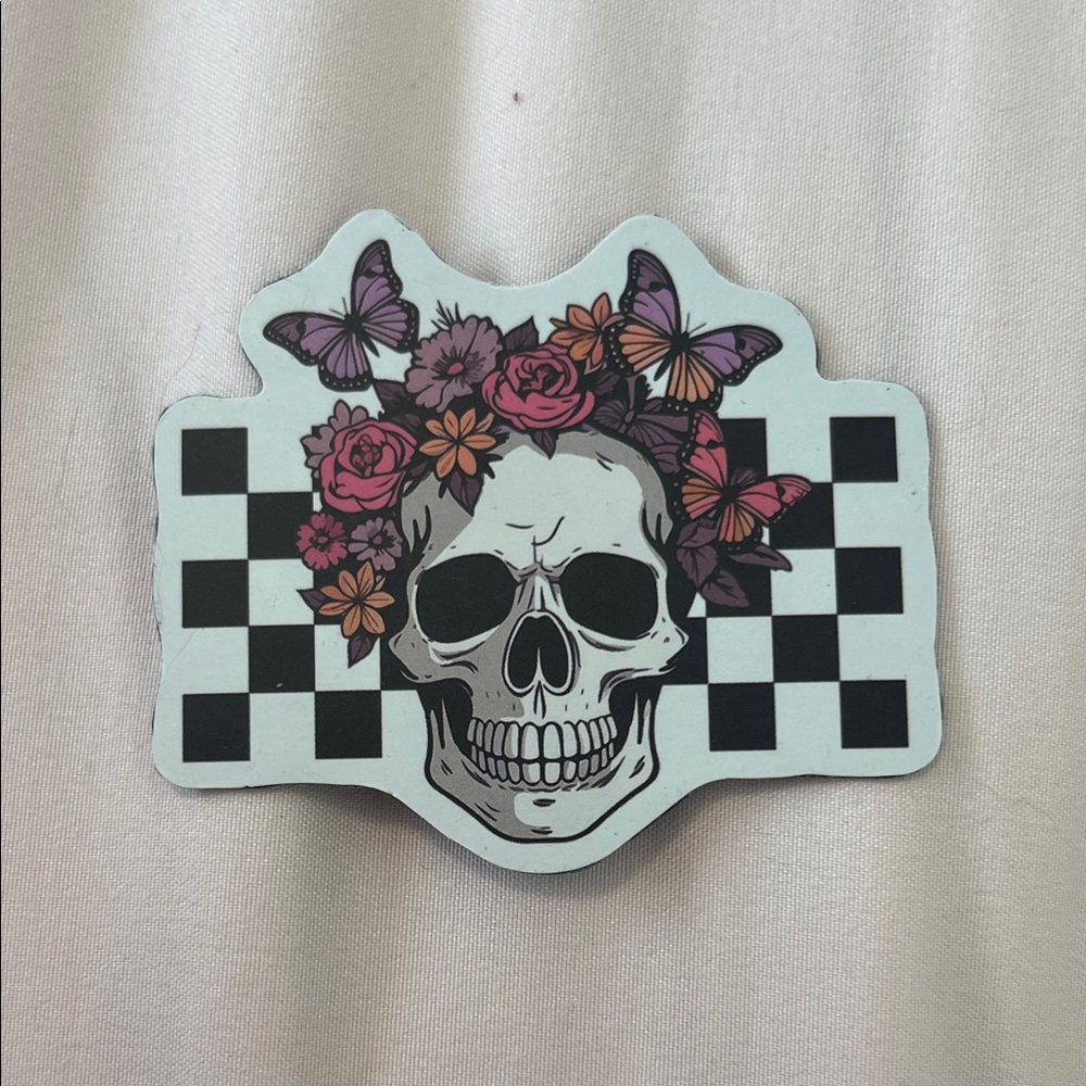 Skull and Butterfly Magnet with Checkered Background